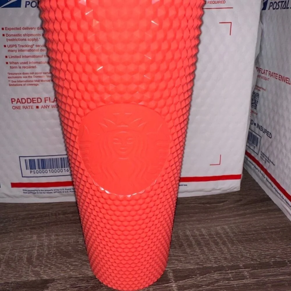 Starbucks peach pink salmon green studded cup‎ tumbler cold drinks